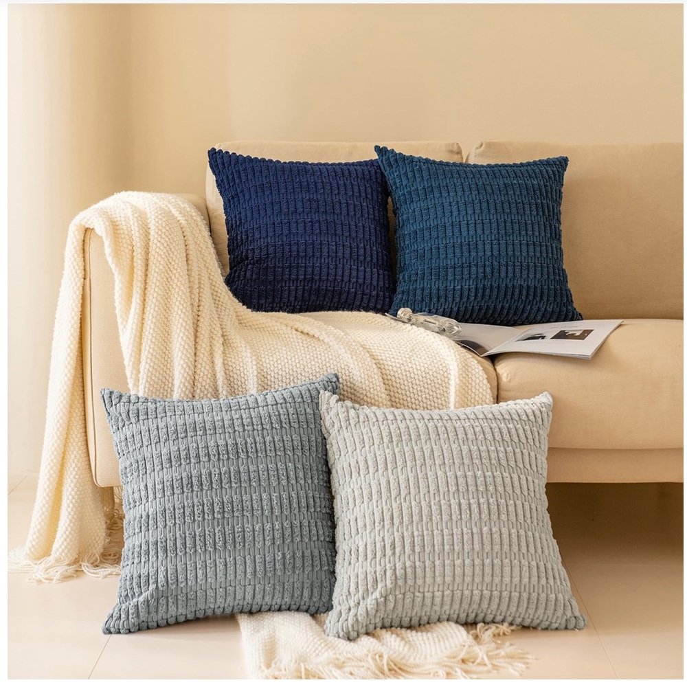 Corduroy Soft Striped Farmhouse SQUARE Throw Pillow Covers 18x18” BLUE (4-pack)